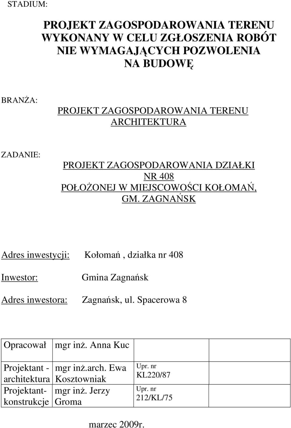 ZAGNAŃSK Adres inwestycji: Kołomań, działka nr 408 Inwestor: Gmina Zagnańsk Adres inwestora: Zagnańsk, ul. Spacerowa 8 Opracował mgr inż.