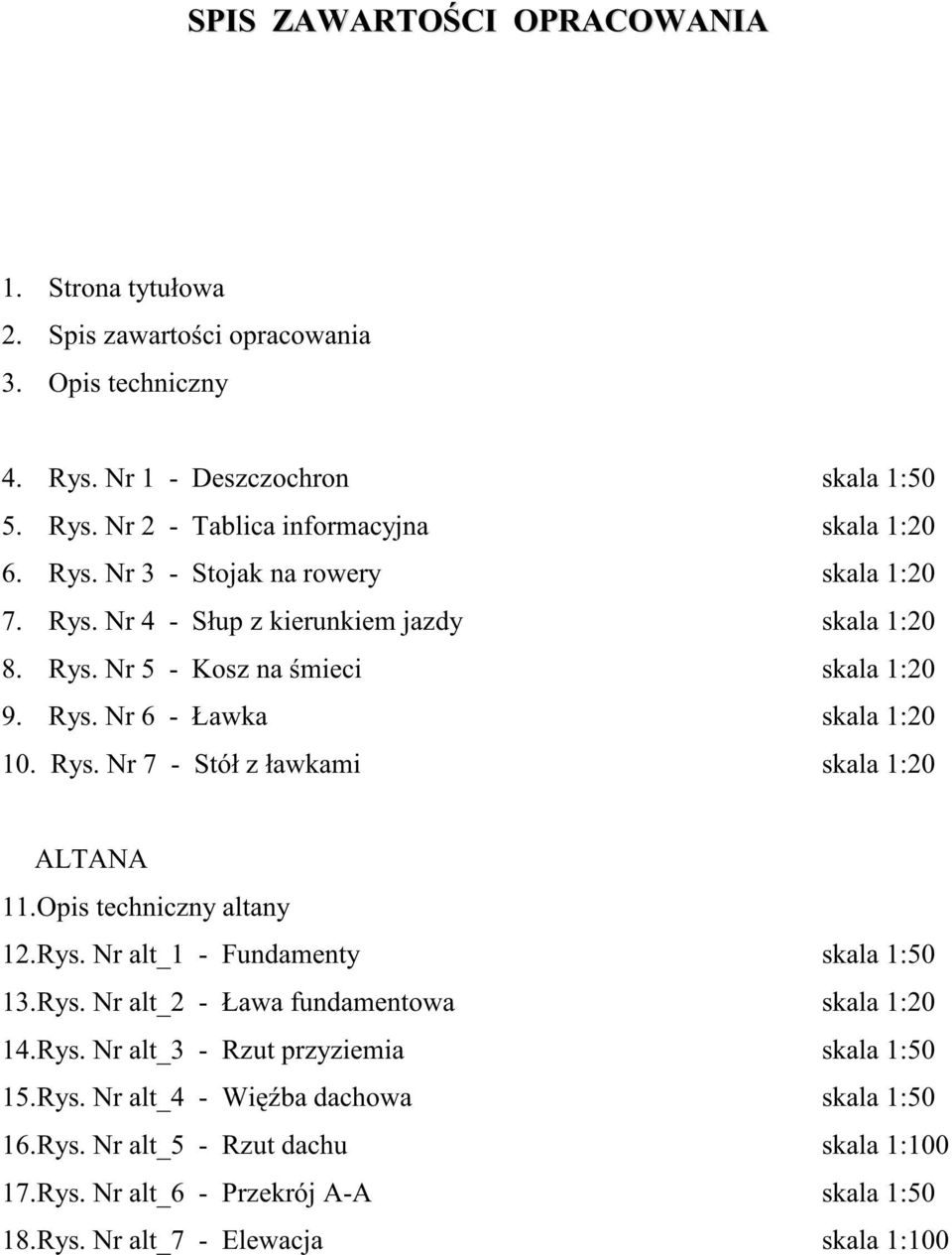 Opis techniczny altany 12.Rys. Nr alt_1 - Fundamenty skala 1:50 13.Rys. Nr alt_2 - Ława fundamentowa skala 1:20 14.Rys. Nr alt_3 - Rzut przyziemia skala 1:50 15.Rys. Nr alt_4 - Wi ba dachowa skala 1:50 16.