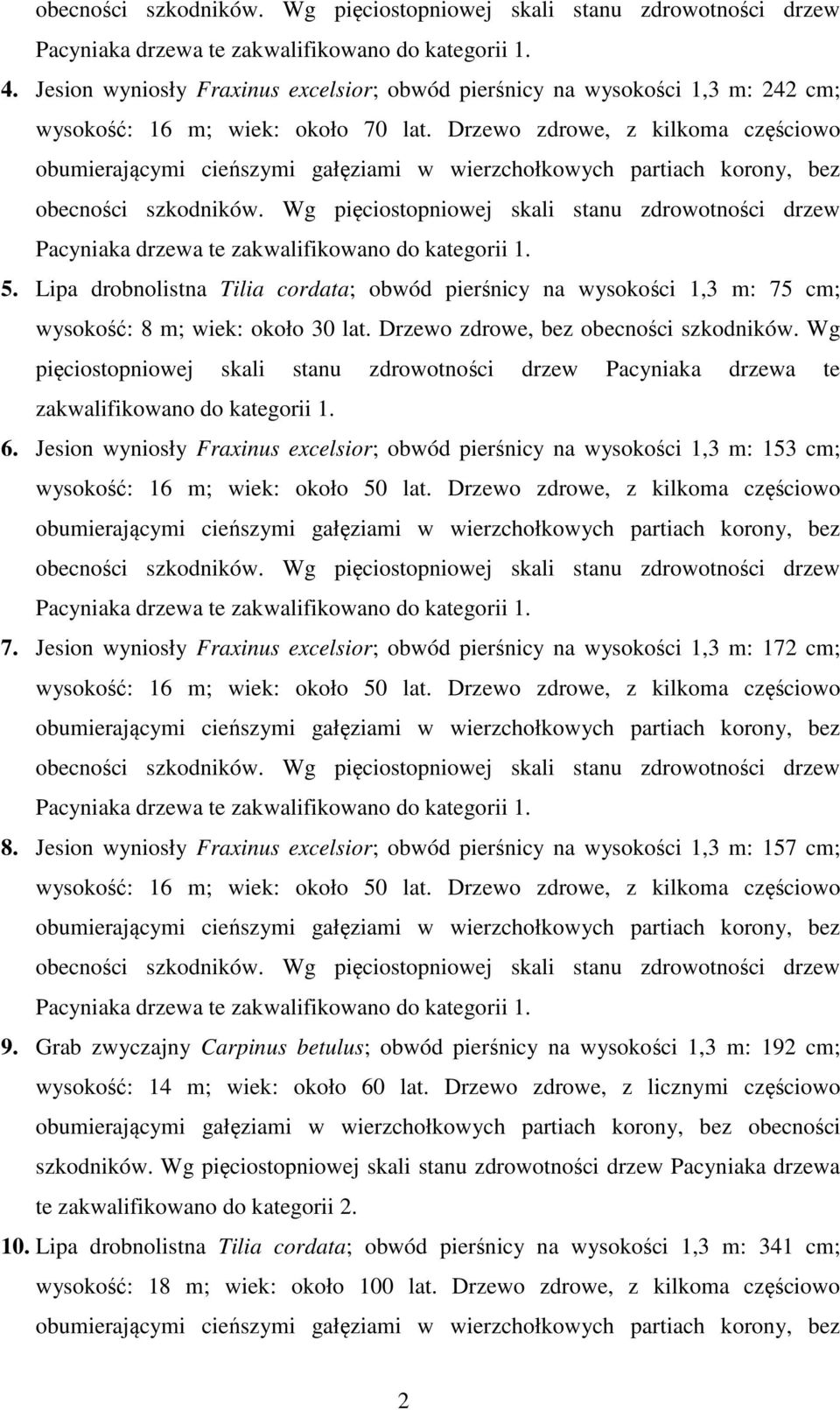 Wg pięciostopniowej skali stanu zdrowotności drzew Pacyniaka drzewa te zakwalifikowano do kategorii 1. 6.