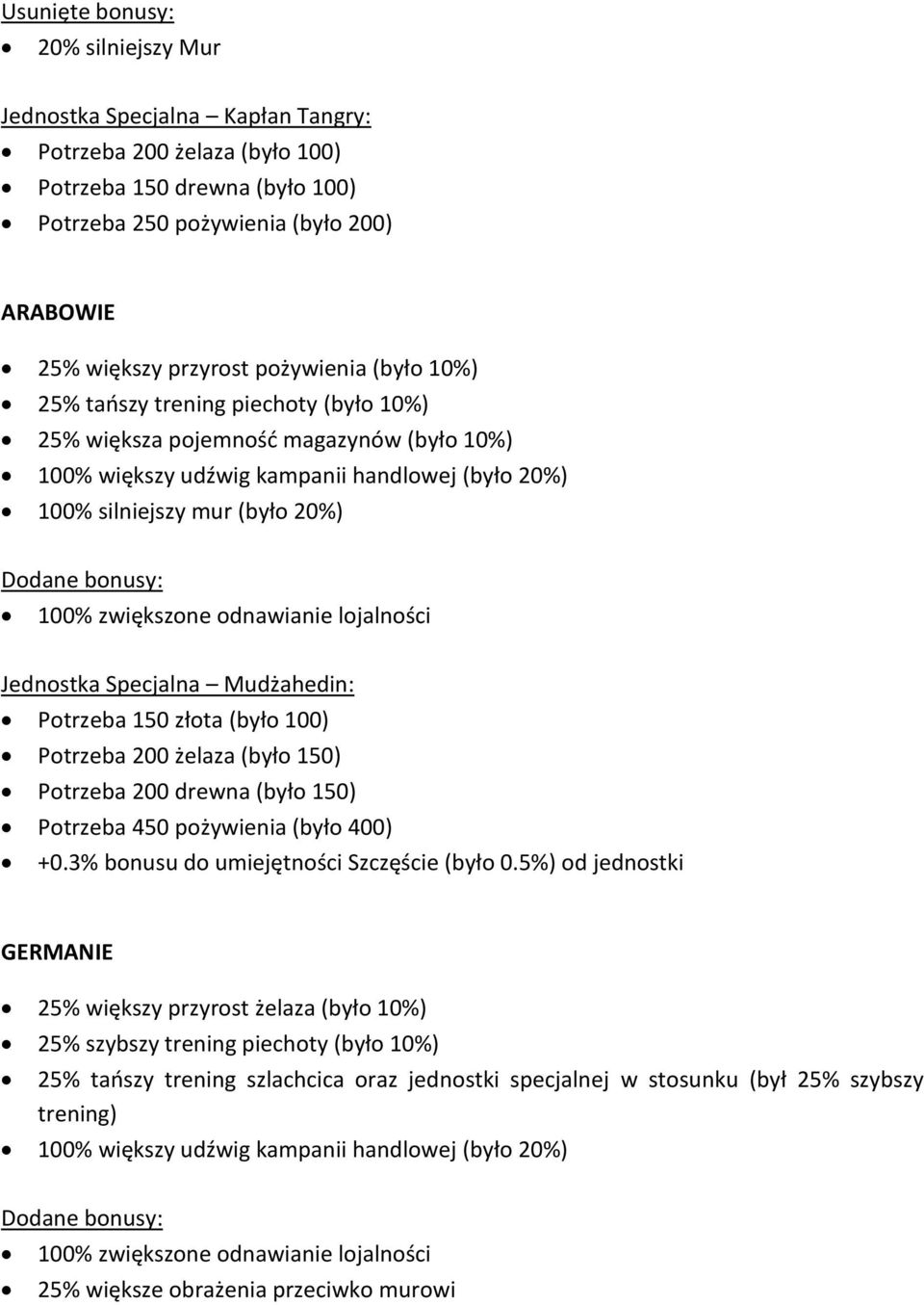 zwiększone odnawianie lojalności Jednostka Specjalna Mudżahedin: Potrzeba 150 złota (było 100) Potrzeba 200 żelaza (było 150) Potrzeba 200 drewna (było 150) Potrzeba 450 pożywienia (było 400) +0.