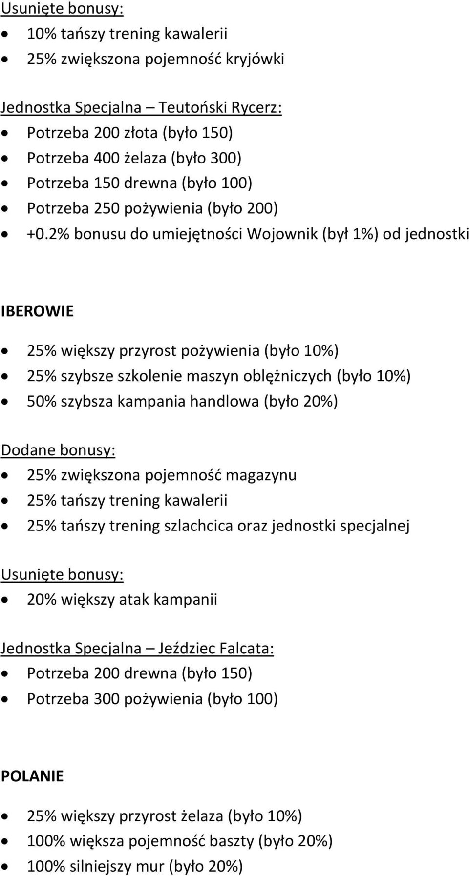 2% bonusu do umiejętności Wojownik (był 1%) od jednostki IBEROWIE 25% większy przyrost pożywienia (było 10%) 25% szybsze szkolenie maszyn oblężniczych (było 10%) 50% szybsza kampania handlowa (było