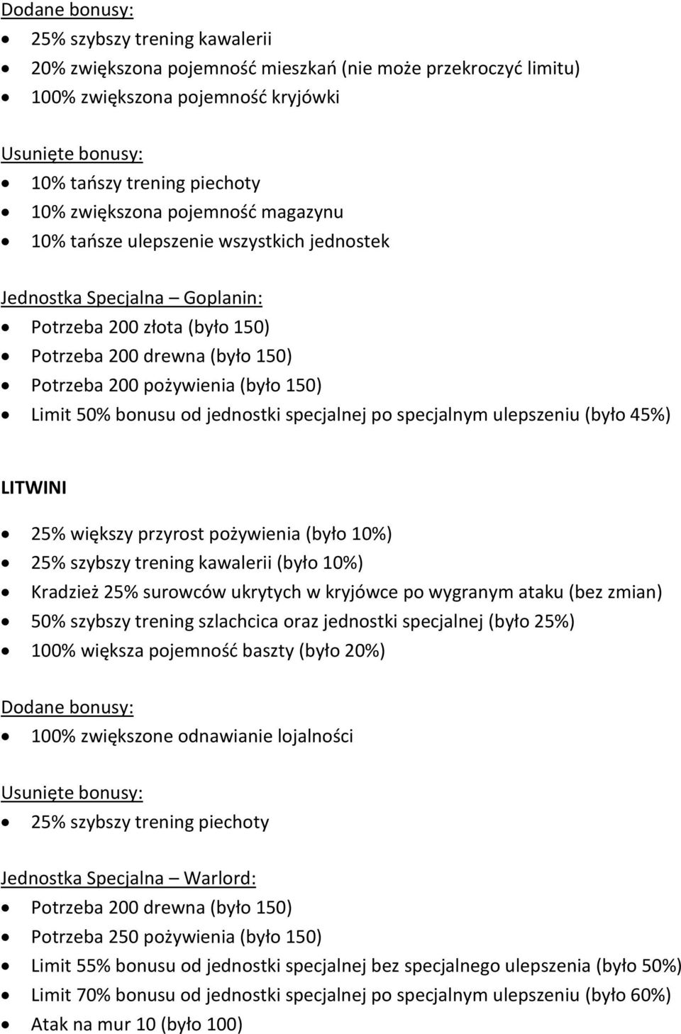 jednostki specjalnej po specjalnym ulepszeniu (było 45%) LITWINI 25% większy przyrost pożywienia (było 10%) 25% szybszy trening kawalerii (było 10%) Kradzież 25% surowców ukrytych w kryjówce po