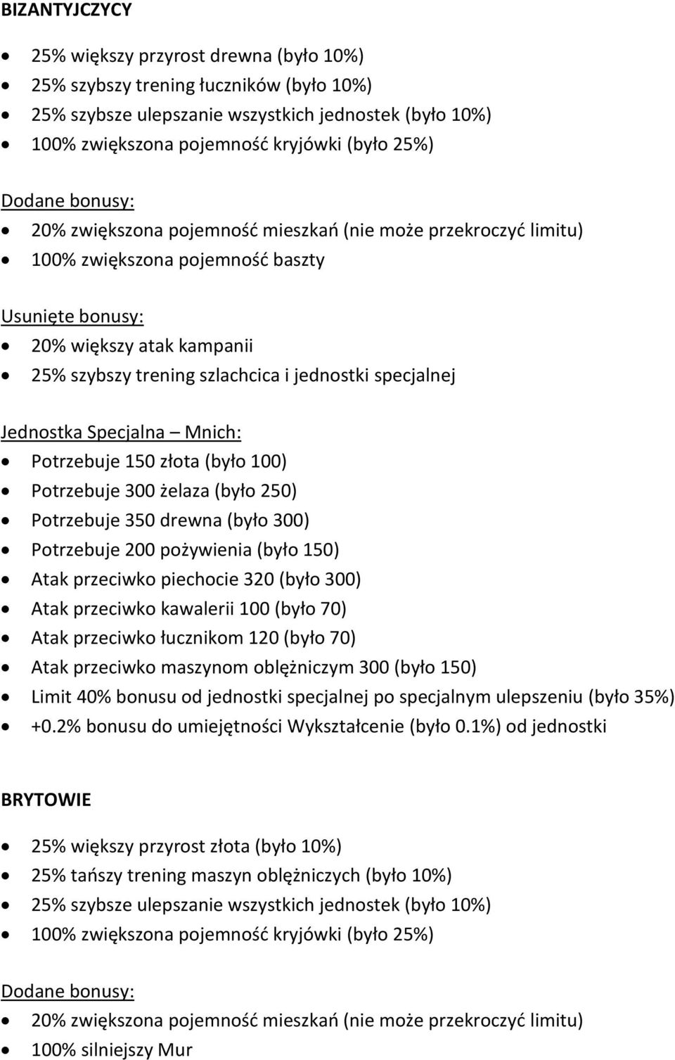 Specjalna Mnich: Potrzebuje 150 złota (było 100) Potrzebuje 300 żelaza (było 250) Potrzebuje 350 drewna (było 300) Potrzebuje 200 pożywienia (było 150) Atak przeciwko piechocie 320 (było 300) Atak