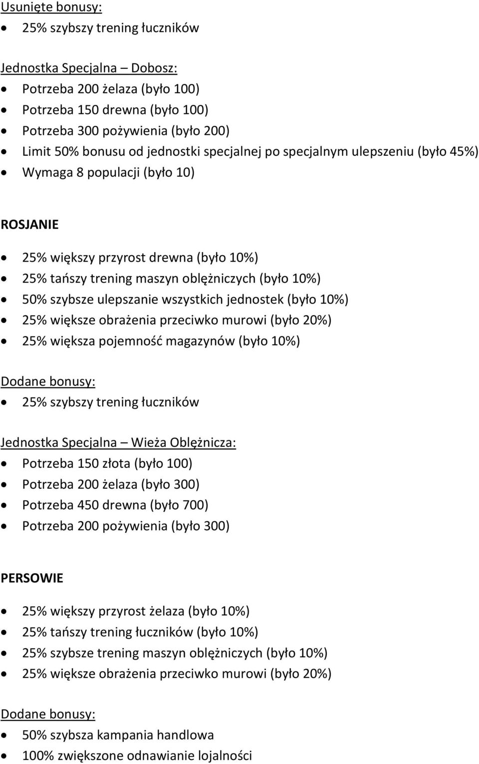 ulepszanie wszystkich jednostek (było 10%) 25% większe obrażenia przeciwko murowi (było 20%) 25% większa pojemność magazynów (było 10%) 25% szybszy trening łuczników Jednostka Specjalna Wieża