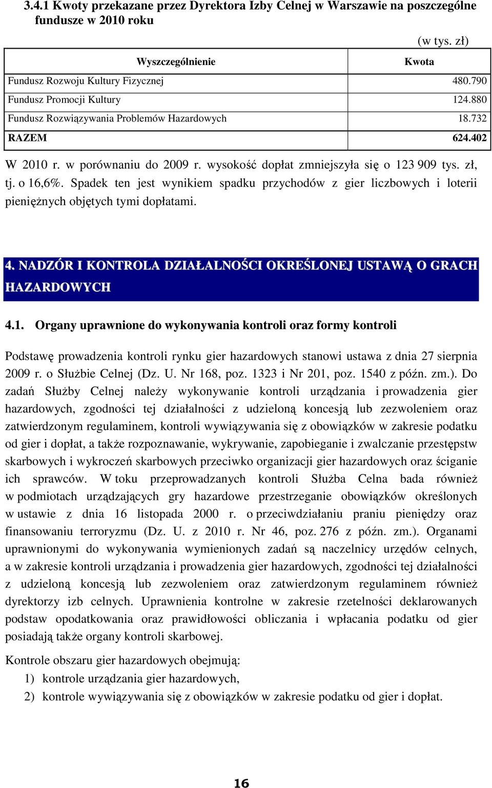 Spadek ten jest wynikiem spadku przychodów z gier liczbowych i loterii pienięŝnych objętych tymi dopłatami. 4. NADZÓR I KONTROLA DZIAŁALNOŚCI OKREŚLONEJ USTAWĄ O GRACH HAZARDOWYCH 4.1.