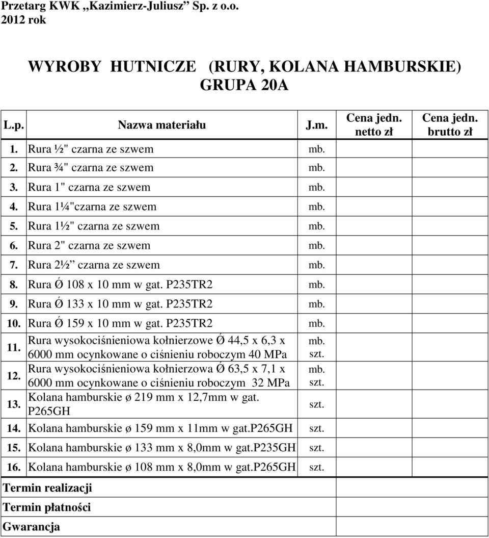 Rura Ǿ 133 x 10 mm w gat. P235TR2 mb. 10. Rura Ǿ 159 x 10 mm w gat. P235TR2 mb. Rura wysokociśnieniowa kołnierzowe Ǿ 44,5 x 6,3 x mb. 11.