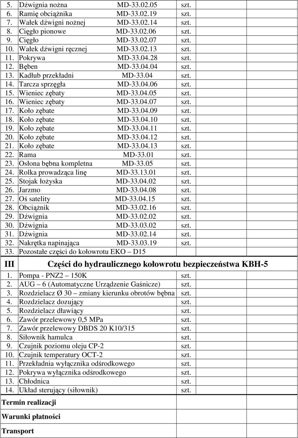 Koło zębate MD-33.04.10 19. Koło zębate MD-33.04.11 20. Koło zębate MD-33.04.12 21. Koło zębate MD-33.04.13 22. Rama MD-33.01 23. Osłona bębna kompletna MD-33.05 24. Rolka prowadząca linę MD-33.13.01 25.