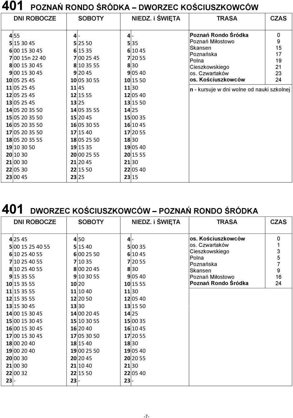 Czwartaków 1 1 2 n kursuje w dni wolne od nauki szkolnej 1 DWORZEC KOŚCIUSZKOWCÓW POZNAŃ RONDO ŚRÓDKA 2 1 2 1 2 1 2 1 2 1 1 1 1