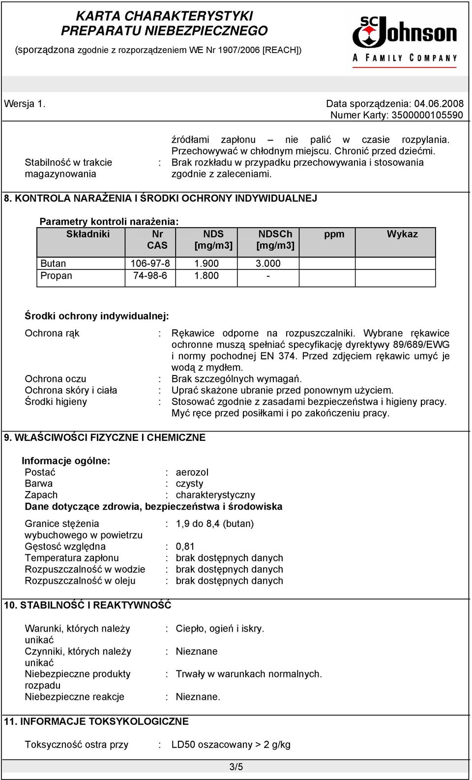 KONTROLA NARAŻENIA I ŚRODKI OCHRONY INDYWIDUALNEJ Parametry kontroli narażenia: Składniki Nr CAS NDS [mg/m3] NDSCh [mg/m3] Butan 106-97-8 1.900 3.000 Propan 74-98-6 1.