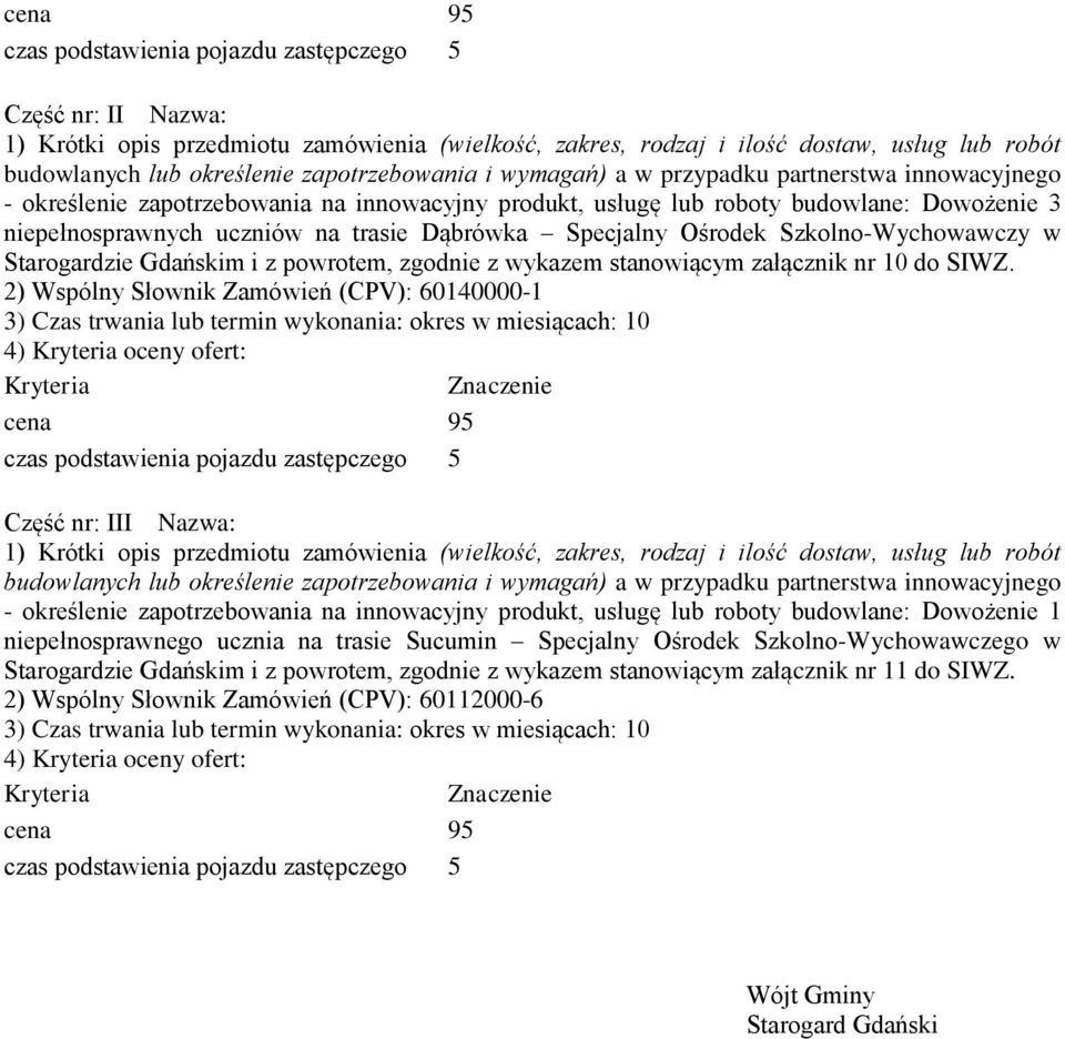 2) Wspólny Słownik Zamówień (CPV): 60140000-1 4) oceny ofert: Część nr: III Nazwa: - określenie zapotrzebowania na innowacyjny produkt, usługę lub roboty budowlane: Dowożenie 1