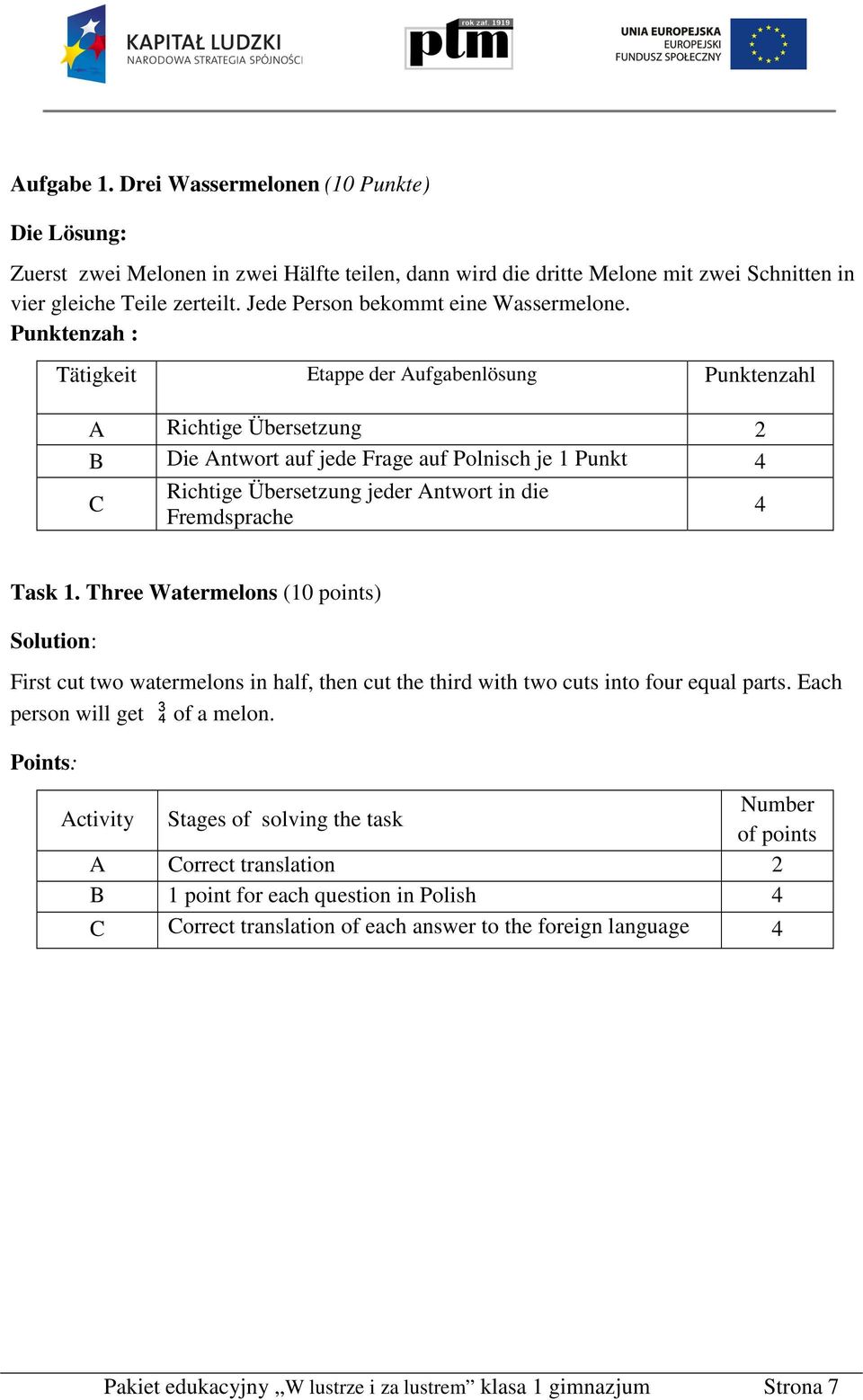Punktenzah : Tätigkeit Etappe der Aufgabenlösung Punktenzahl A Richtige Übersetzung 2 B Die Antwort auf jede Frage auf Polnisch je 1 Punkt C Richtige Übersetzung jeder Antwort in die Fremdsprache