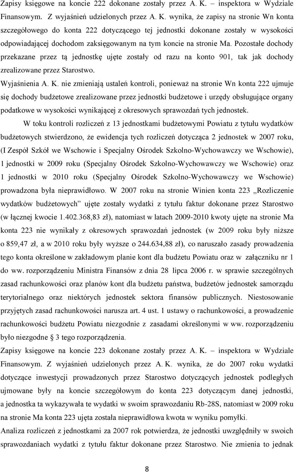 wynika, że zapisy na stronie Wn konta szczegółowego do konta 222 dotyczącego tej jednostki dokonane zostały w wysokości odpowiadającej dochodom zaksięgowanym na tym koncie na stronie Ma.