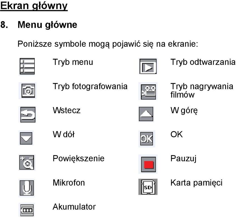 ekranie: Tryb menu Tryb fotografowania Wstecz W dół