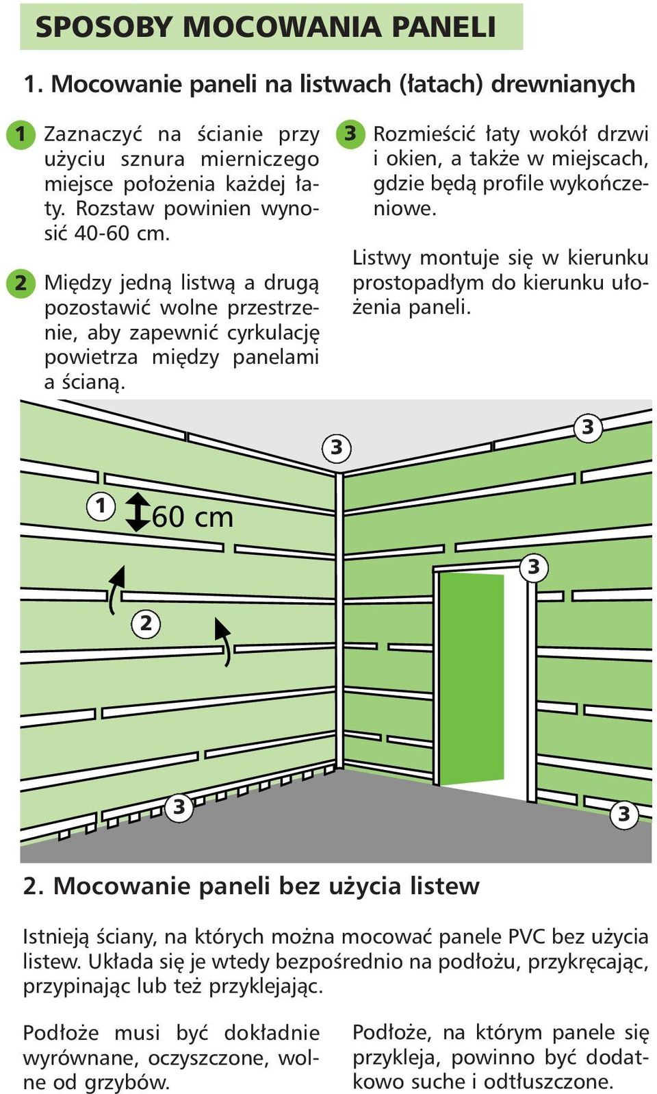 RozmieÊciç aty wokó drzwi i okien, a tak e w miejscach, gdzie b dà profile wykoƒczeniowe. Listwy montuje si w kierunku prostopad ym do kierunku u o- enia paneli. 1 60 cm.