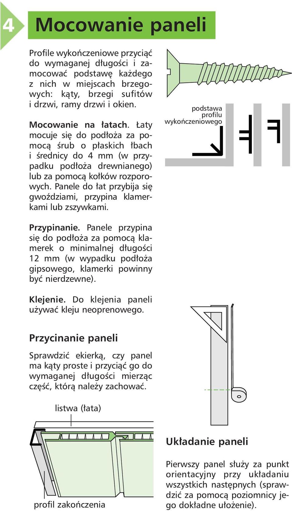 Panele do at przybija si gwoêdziami, przypina klamerkami lub zszywkami. podstawa profilu wykoƒczeniowego Przypinanie.