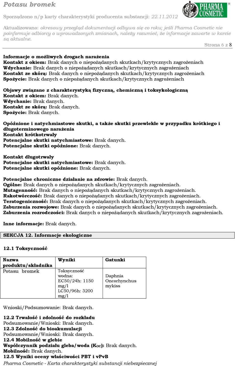 fizyczną, chemiczną i toksykologiczną Kontakt z okiem: Brak danych. Wdychanie: Brak danych. Kontakt ze skórą: Brak danych. Spożycie: Brak danych.