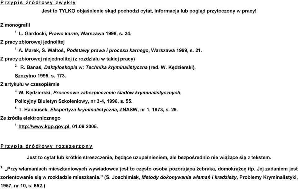 Banaś, Daktyloskopia w: Technika kryminalistyczna (red. W. Kędzierski), Szczytno 1995, s. 173. Z artykułu w czasopiśmie 3. W. Kędzierski, Procesowe zabezpieczenie śladów kryminalistycznych, Policyjny Biuletyn Szkoleniowy, nr 3-4, 1996, s.