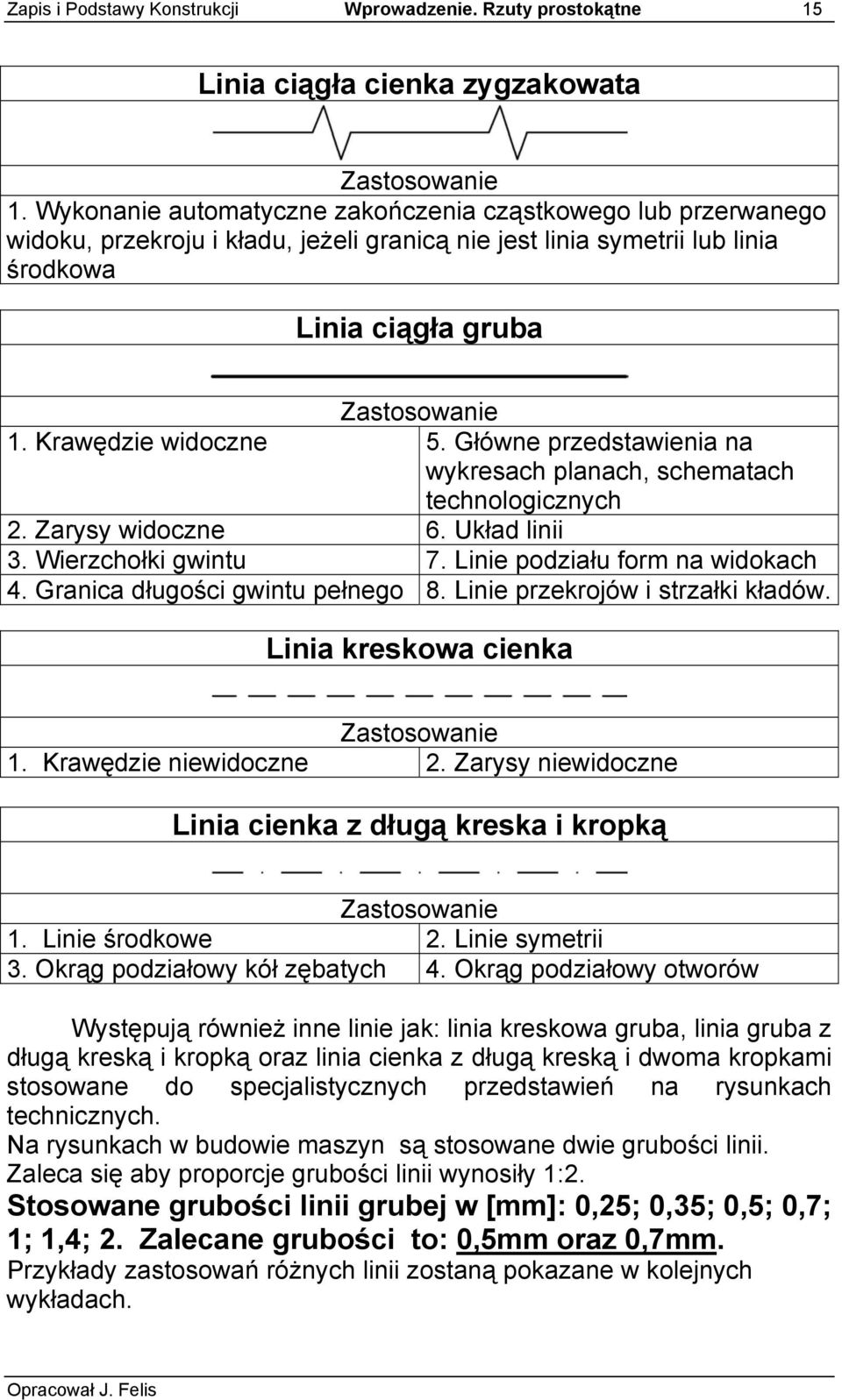 Krawędzie widoczne 5. Główne przedstawienia na wykresach planach, schematach technologicznych 2. Zarysy widoczne 6. Układ linii 3. Wierzchołki gwintu 7. Linie podziału form na widokach 4.