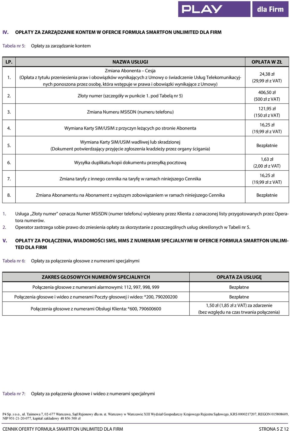 wynikające z Umowy) 2. Złoty numer (szczegóły w punkcie 1. pod Tabelą nr 5) 24,38 zł (29,99 zł z VAT) 406,50 zł (500 zł z VAT) 3. Zmiana Numeru MSISDN (numeru telefonu) 4.