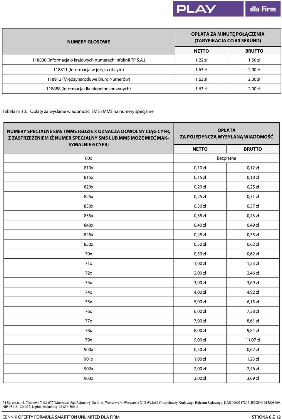 (Międzynarodowe Biuro Numerów) 2,00 zł 118888 (Informacja dla niepełnosprawnych) 2,00 zł Tabela nr 10: Opłaty za wysłanie wiadomości SMS i MMS na numery specjalne NUMERY SPECJALNE SMS I MMS (GDZIE X