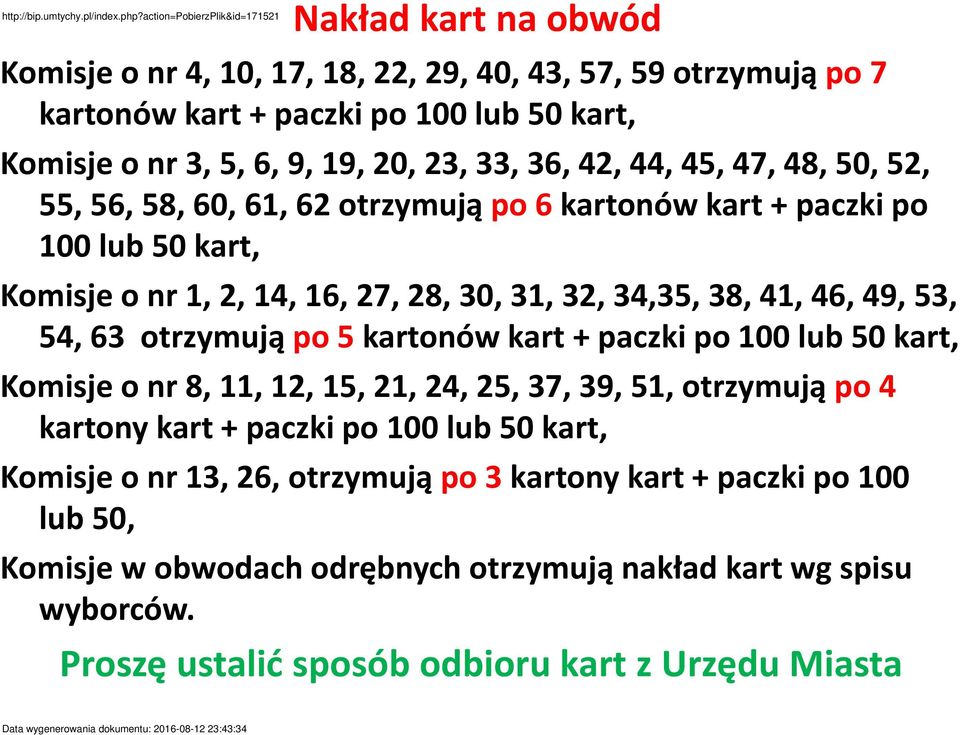 54, 63 otrzymują po 5 kartonów kart + paczki po 100 lub 50 kart, Komisje o nr 8, 11, 12, 15, 21, 24, 25, 37, 39, 51, otrzymują po 4 kartony kart + paczki po 100 lub 50 kart, Komisje