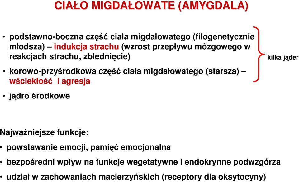 wściekłość i agresja jądro środkowe kilka jąder NajwaŜniejsze funkcje: powstawanie emocji, pamięć emocjonalna