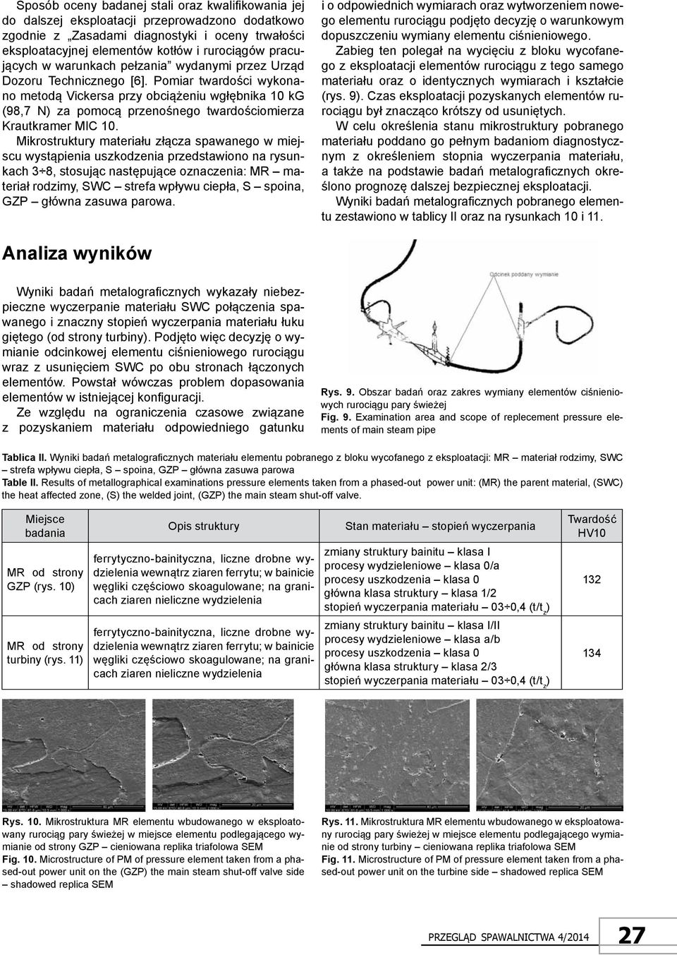 Pomiar twardości wykonano metodą Vickersa przy obciążeniu wgłębnika 10 kg (98,7 n za pomocą przenośnego twardościomierza Krautkramer MIC 10.