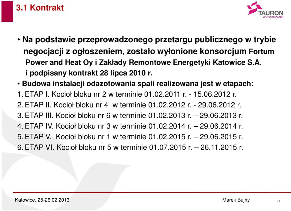 2011 r. - 15.06.2012 r. 2. ETAP II. Kocioł bloku nr 4 w terminie 01.02.2012 r. - 29.06.2012 r. 3. ETAP III. Kocioł bloku nr 6 w terminie 01.02.2013 r. 29.06.2013 r. 4. ETAP IV.