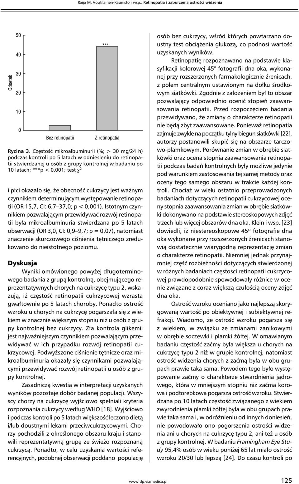 okazało się, że obecność cukrzycy jest ważnym czynnikiem determinującym występowanie retinopatii (OR 15,7, CI: 6,7 37,0; p < 0,001).