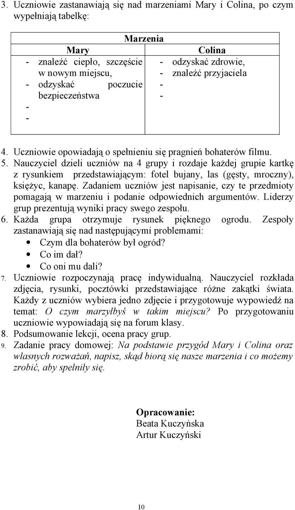 Nauczyciel dzieli uczniów na 4 grupy i rozdaje każdej grupie kartkę z rysunkiem przedstawiającym: fotel bujany, las (gęsty, mroczny), księżyc, kanapę.