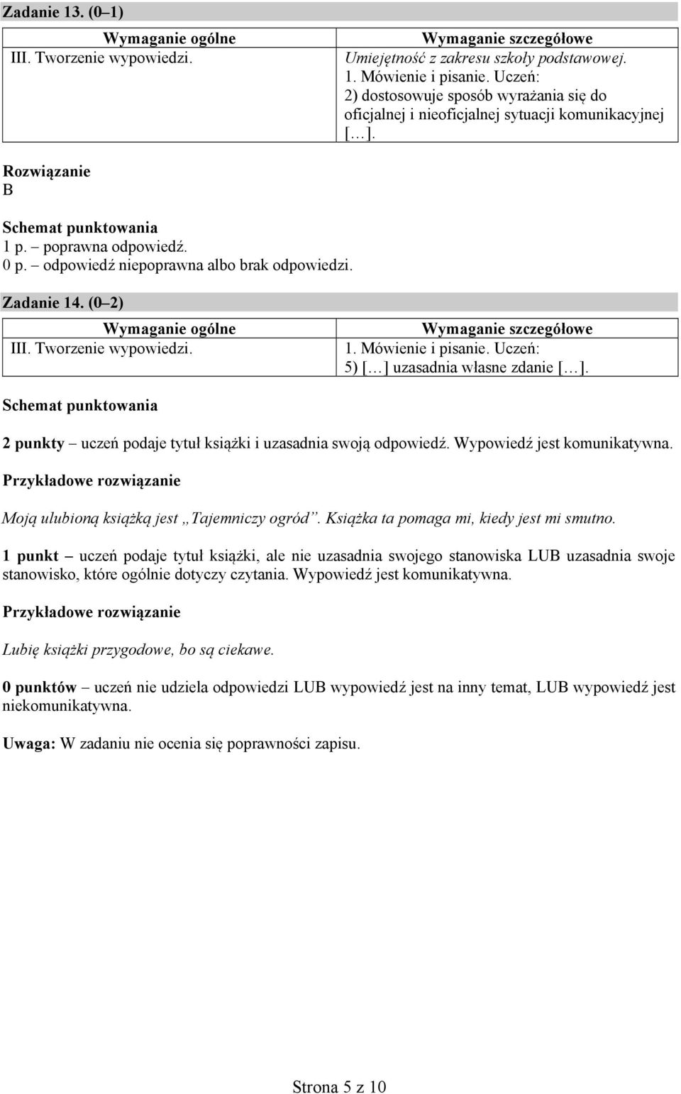 Uczeń: 5) [ ] uzasadnia własne zdanie [ ]. 2 punkty uczeń podaje tytuł książki i uzasadnia swoją odpowiedź. Wypowiedź jest komunikatywna.