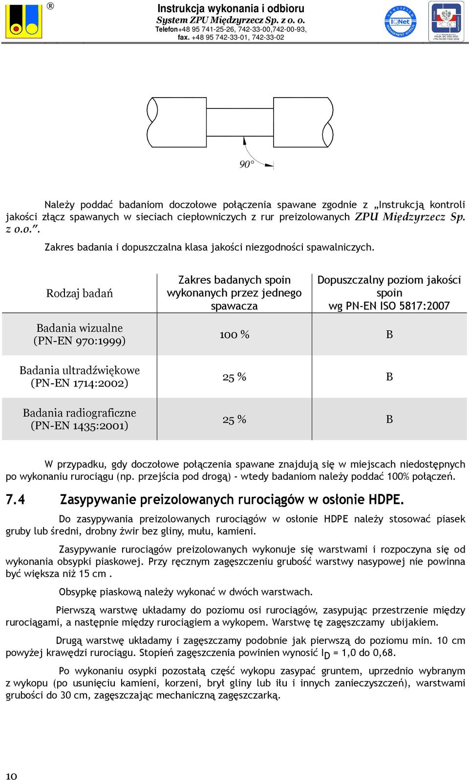 1714:2002) Badania radiograficzne (PN-EN 1435:2001) 100 % B 25 % B 25 % B W przypadku, gdy doczołowe połączenia spawane znajdują się w miejscach niedostępnych po wykonaniu rurociągu (np.