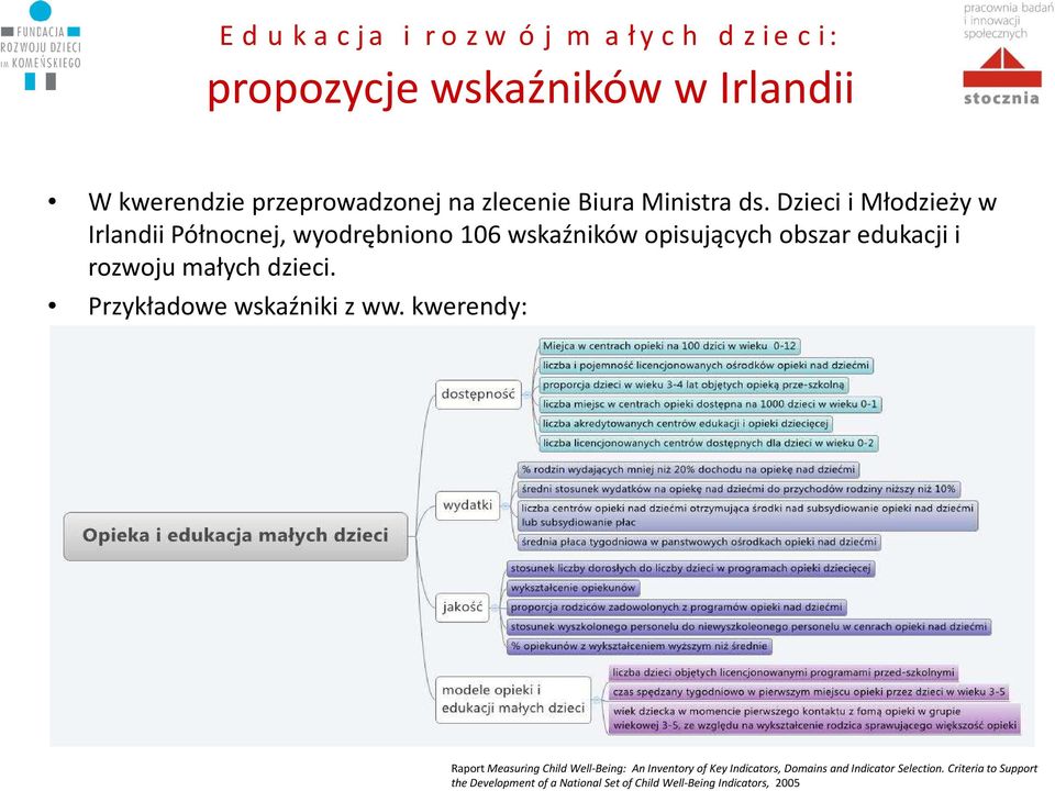 Dzieci i Młodzieży w Irlandii Północnej, wyodrębniono 106 wskaźników opisujących obszar edukacji i rozwoju małych dzieci.