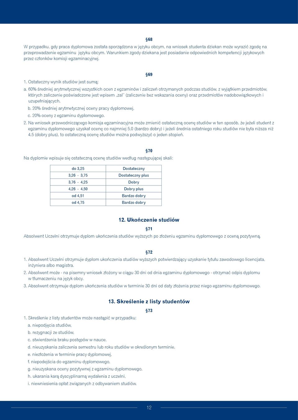 60% średniej arytmetycznej wszystkich ocen z egzaminów i zaliczeń otrzymanych podczas studiów, z wyjątkiem przedmiotów, których zaliczenie poświadczone jest wpisem zal (zaliczenie bez wskazania