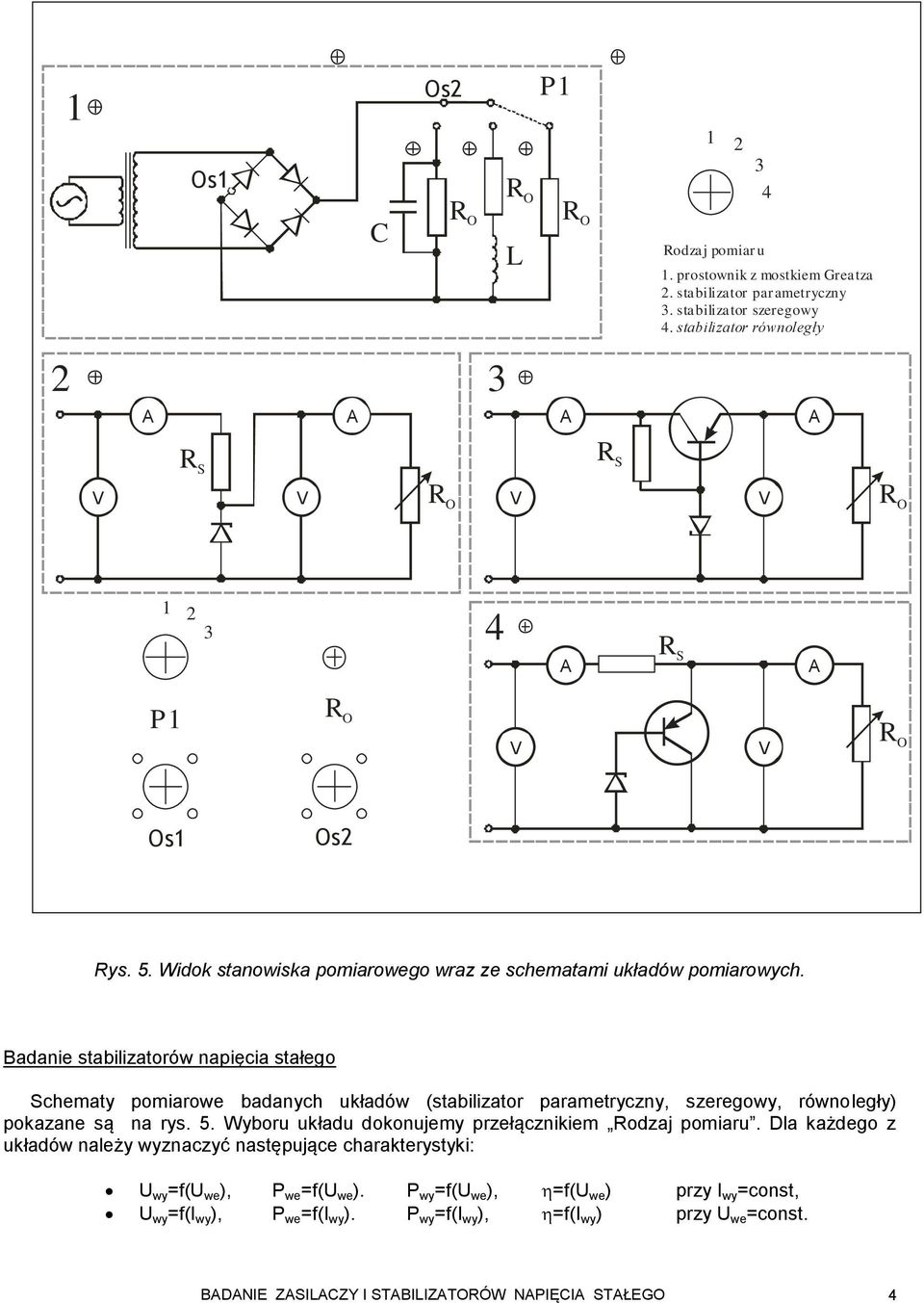 Badanie stabilizatorów napięcia stałego Schematy pomiarowe badanych układów (stabilizator parametryczny, szerego, równoległy) pokazane są na rys. 5.