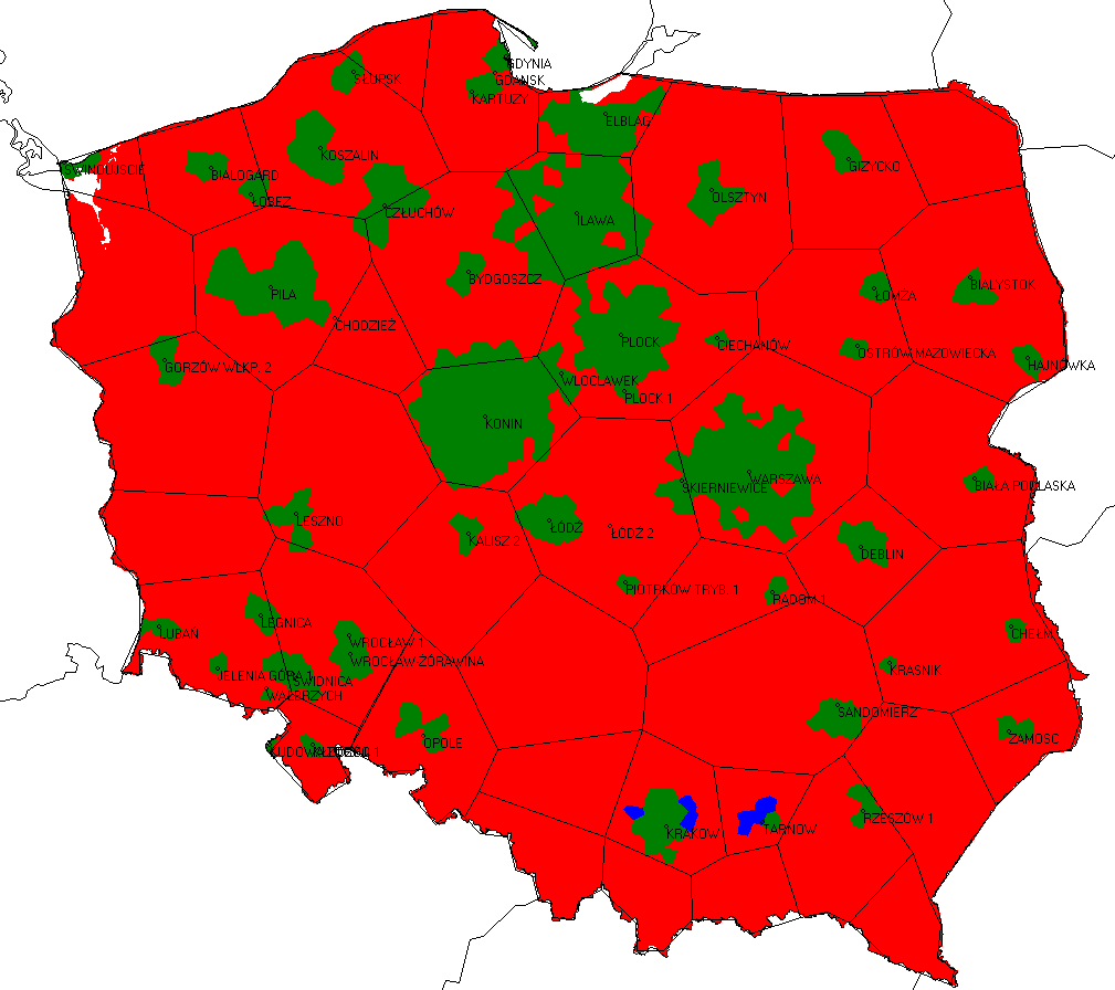 2. Wersja 2 mniejsze pokrycie ludnościowe, niŝsze koszty uruchomienia Pokrycie ludnościowe 25% Legenda: Kolor czerwony brak odbioru Kolor zielony odbiór niezakłócony Kolor niebieski odbiór zakłócony