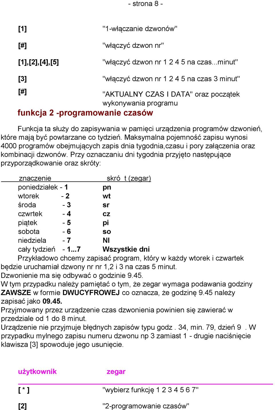 urządzenia programów dzwonień, które mają być powtarzane co tydzień. Maksymalna pojemność zapisu wynosi 4000 programów obejmujących zapis dnia tygodnia,czasu i pory załączenia oraz kombinacji dzwonów.