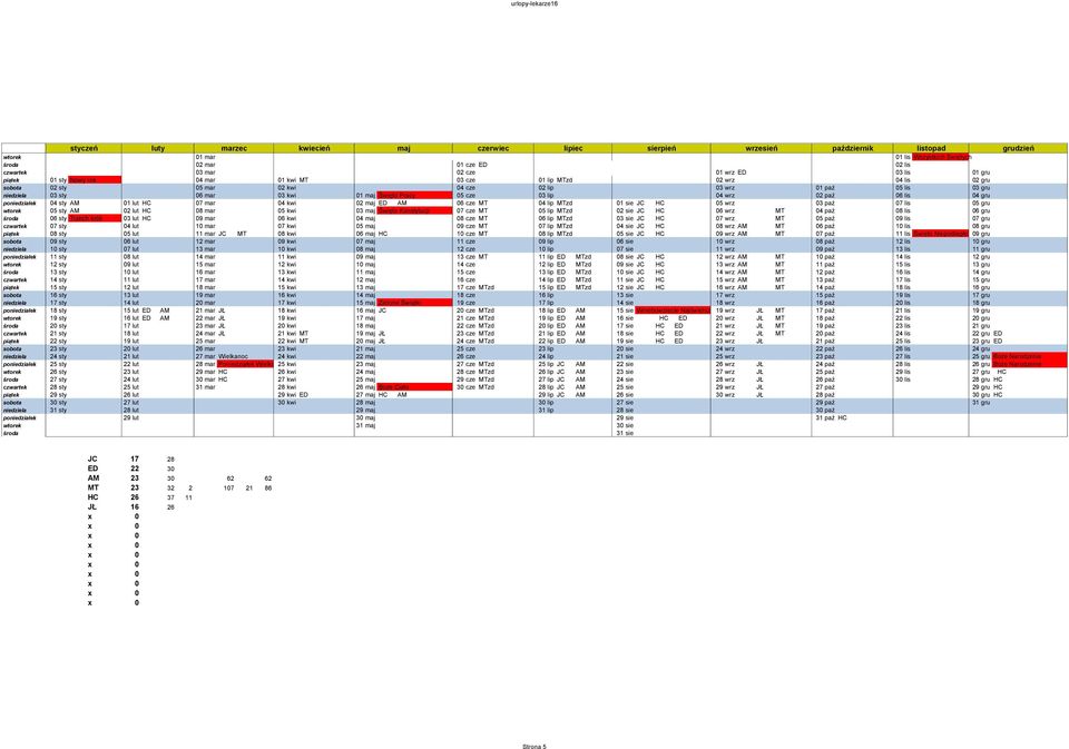 sty 06 mar 03 kwi 01 maj Święto Pracy 05 cze 03 lip 04 wrz 02 paź 06 lis 04 gru poniedziałek 04 sty AM 01 lut HC 07 mar 04 kwi 02 maj ED AM 06 cze MT 04 lip MTzd 01 sie JC HC 05 wrz 03 paź 07 lis 05