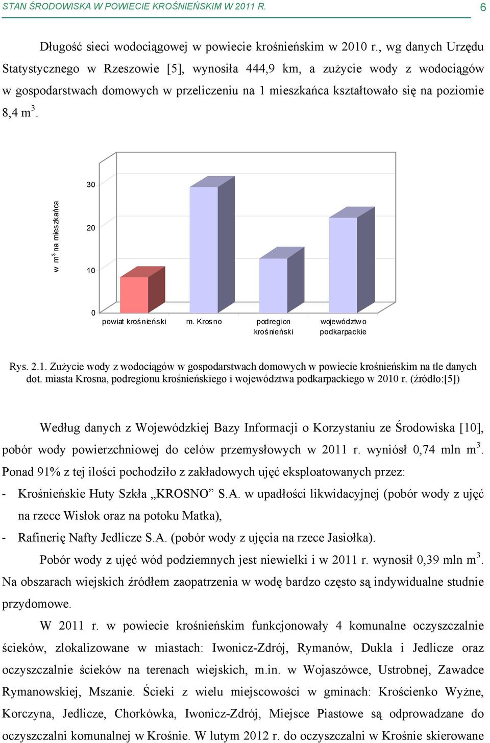 30 w m 3 na mieszkańca 20 10 0 powiat krośnieński m. Krosno podregion krośnieński województwo podkarpackie Rys. 2.1. Zużycie wody z wodociągów w gospodarstwach domowych w powiecie krośnieńskim na tle danych dot.