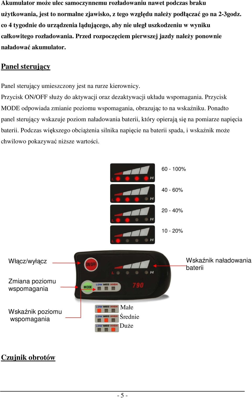 Panel sterujący Panel sterujący umieszczony jest na rurze kierownicy. Przycisk ON/OFF służy do aktywacji oraz dezaktywacji układu wspomagania.