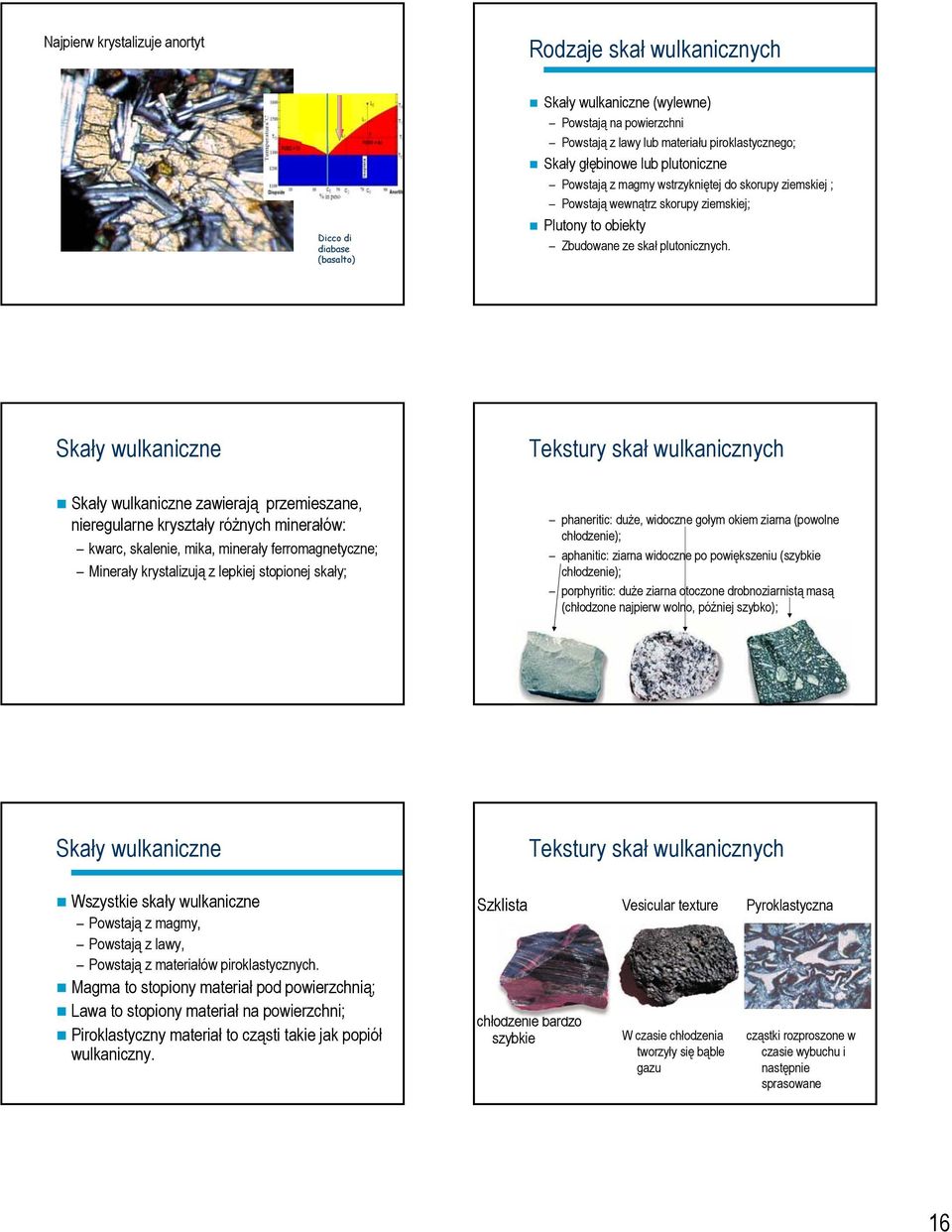 Skały wulkaniczne Skały wulkaniczne zawierają przemieszane, nieregularne kryształy różnych minerałów: kwarc, skalenie, mika, minerały ferromagnetyczne; Minerały krystalizują z lepkiej stopionej