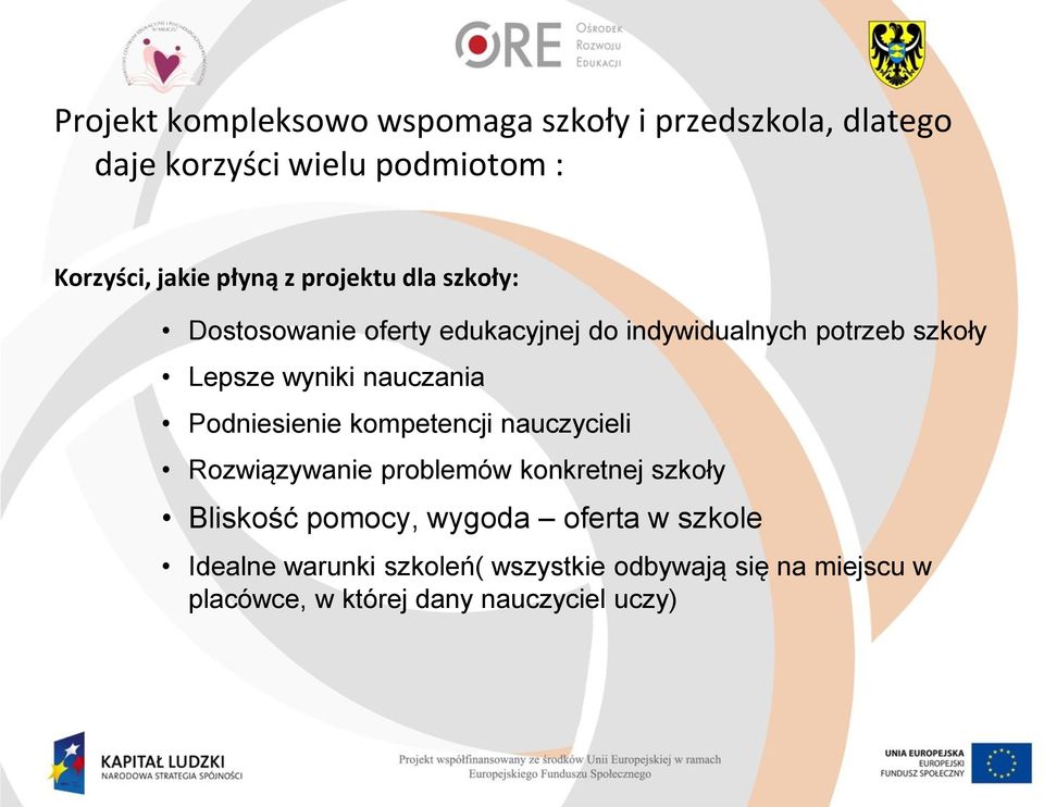 nauczania Podniesienie kompetencji nauczycieli Rozwiązywanie problemów konkretnej szkoły Bliskość pomocy,