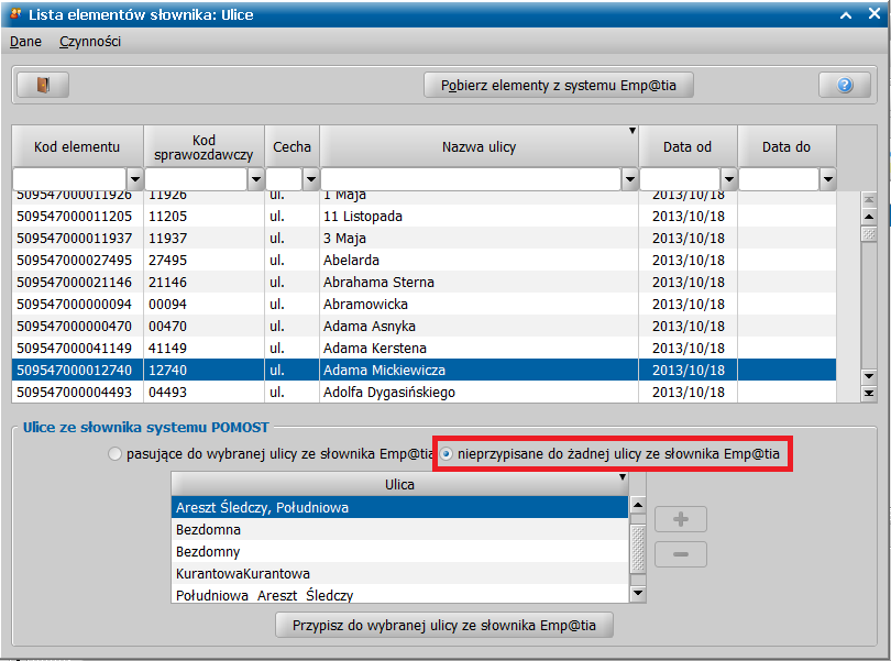 Tak długo, jak Administrator nie wybierze przycisku Zastąp ulice ze słownika POMOST ulicą ze słownika Emp@tia, to podczas akceptacji okien z adresami, zawierających ulice pasujące do ulicy ze