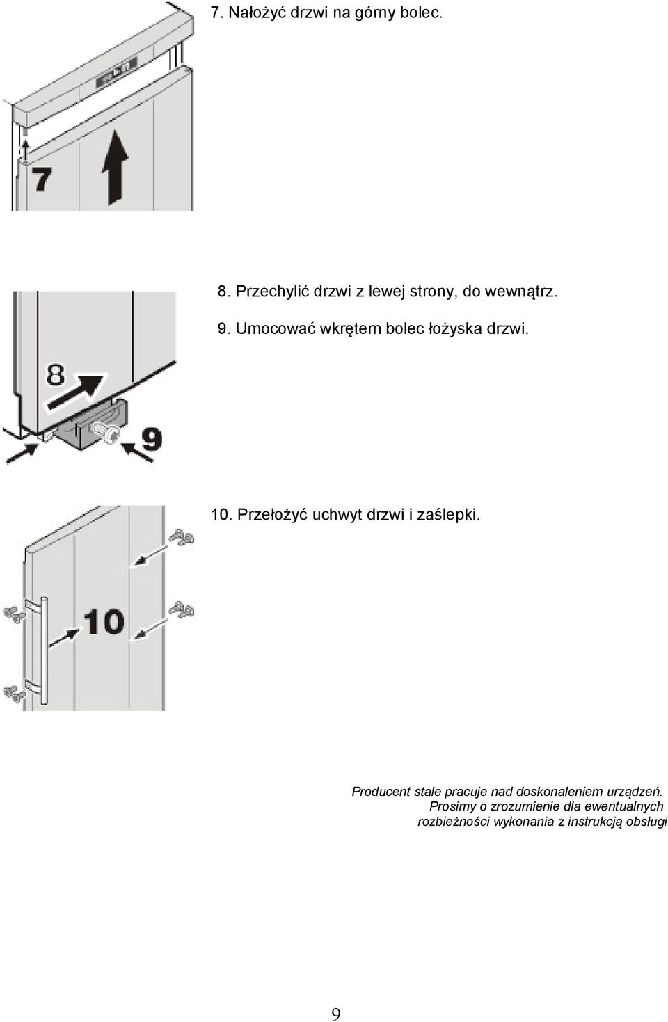 Umocować wkrętem bolec łożyska drzwi. 10.
