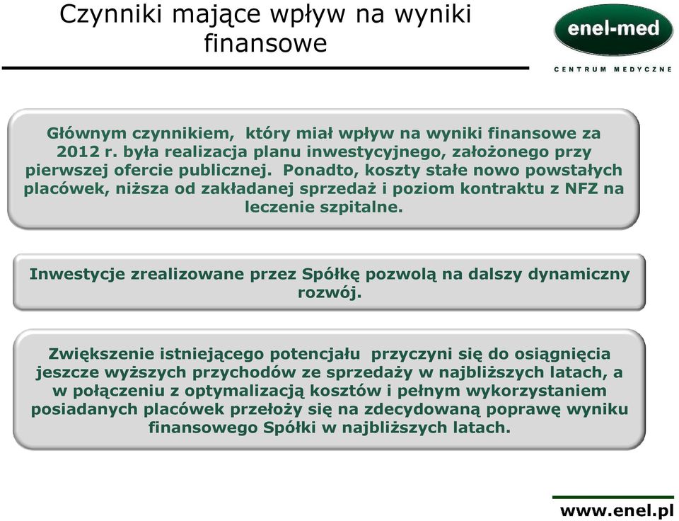 Ponadto, koszty stałe nowo powstałych placówek, niższa od zakładanej sprzedaż i poziom kontraktu z NFZ na leczenie szpitalne.