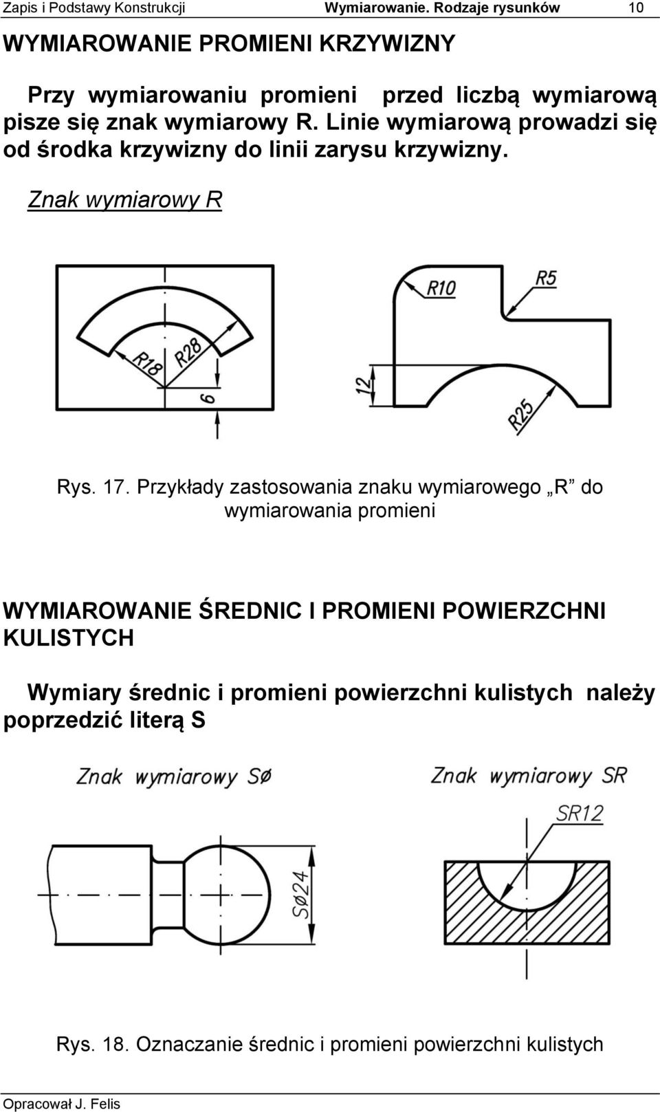 Linie wymiarową prowadzi się od środka krzywizny do linii zarysu krzywizny. Znak wymiarowy R Rys. 17.