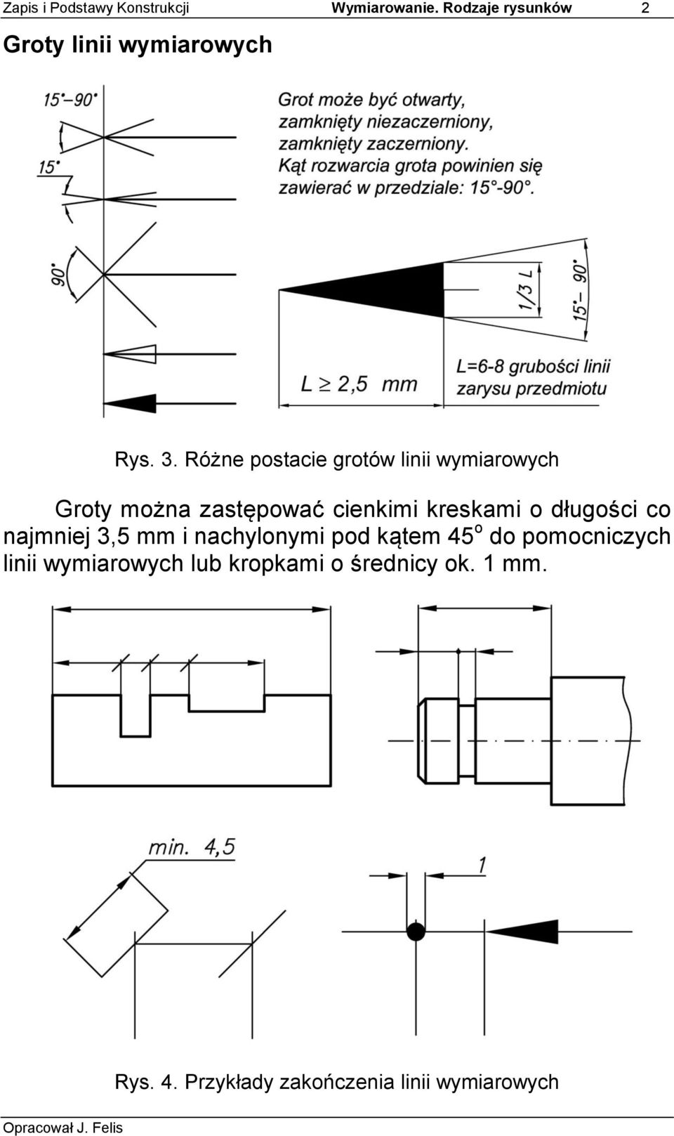 Różne postacie grotów linii wymiarowych Groty można zastępować cienkimi kreskami o