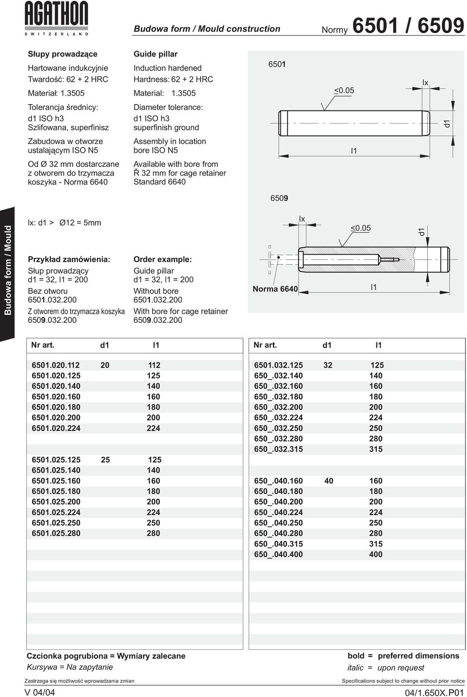 otworem do trzymacza koszyka - Norma 664 Available with bore from Ø 32 mm for cage retainer Standard 664 659 lx: > Ø12 = 5mm Przyk³ad zamówienia: S³up prowadz¹cy = 32, = 2 Bez otworu 651.32.2 Z otworem do trzymacza koszyka 659.