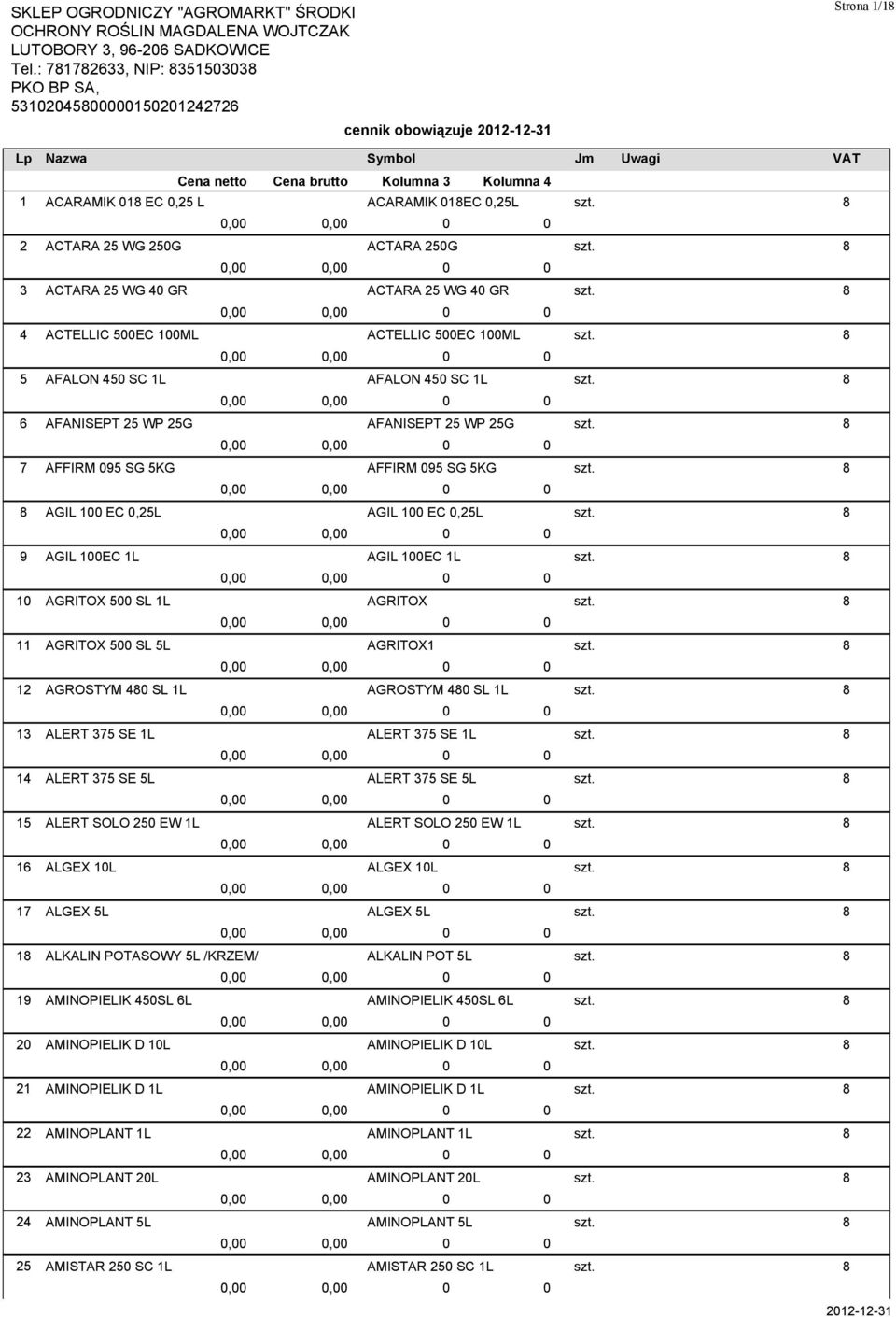 GR ACTELLIC 5EC 1ML AFALON 45 SC 1L AFANISEPT 25 WP 25G AFFIRM 95 SG 5KG AGIL 1 EC,25L AGIL 1EC 1L AGRITOX 5 SL 1L AGRITOX 5 SL 5L AGROSTYM 4 SL 1L ALERT 375 SE 1L ALERT 375 SE 5L ALERT SOLO 25 EW 1L