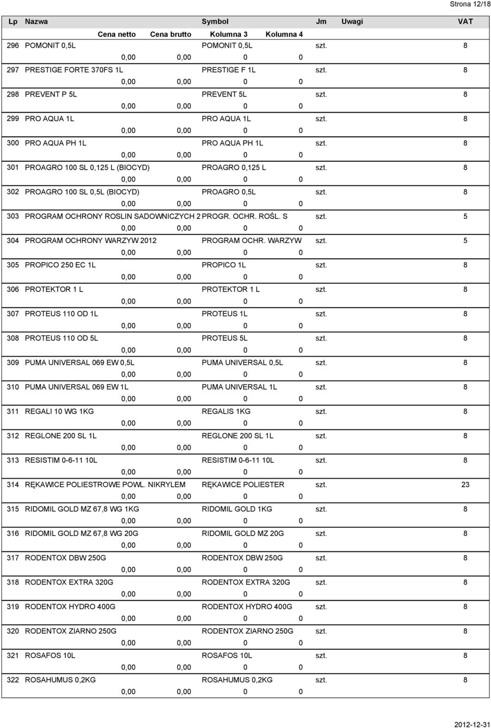 S PROGRAM OCHRONY WARZYW 212 PROPICO 25 EC 1L PROTEKTOR 1 L PROTEUS 11 OD 1L PROTEUS 11 OD 5L PUMA UNIVERSAL 69 EW,5L PUMA UNIVERSAL 69 EW 1L REGALI 1 WG 1KG REGLONE 2 SL 1L RESISTIM -6-11 1L